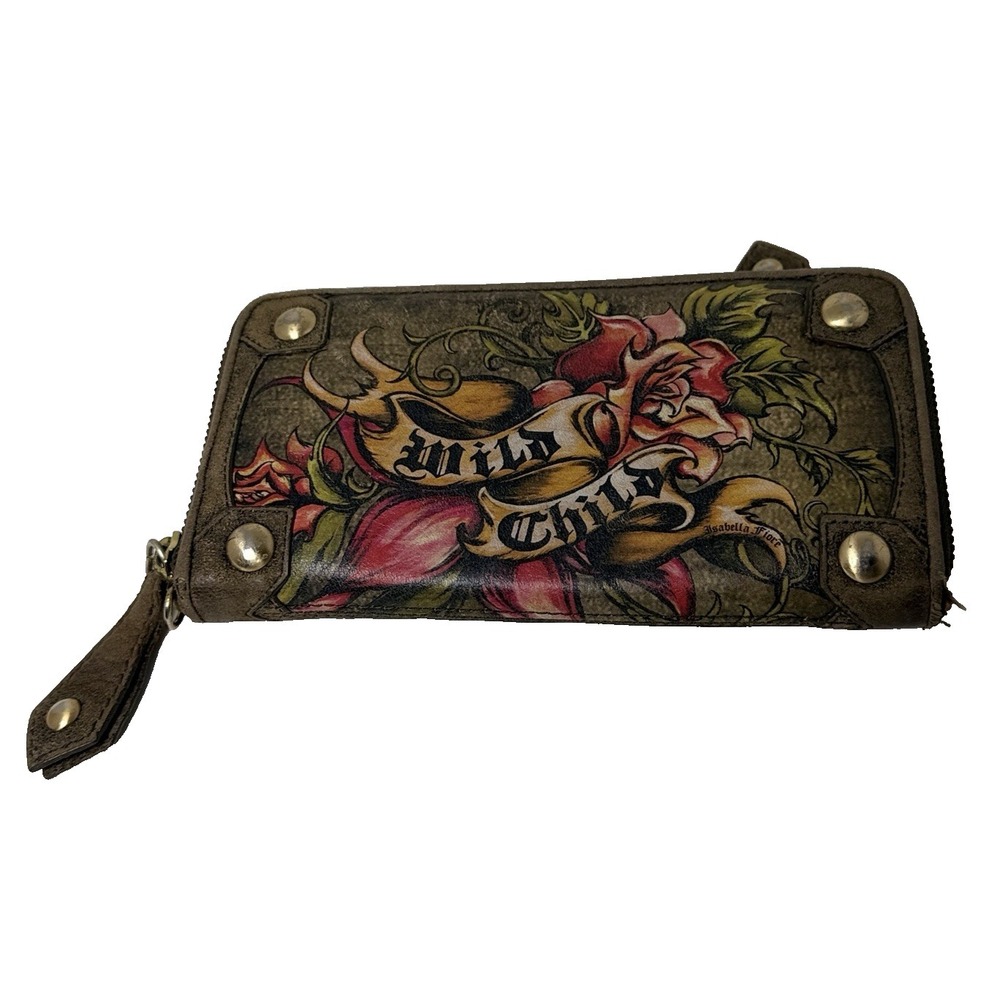 Isabella Fiore Brown Leather Wallet W/ Red Rose Vines & "Wild Child" Design Good